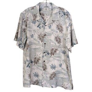 Solitude Mens M Hawaiian Shirt Washable Silk Sage Green Brown Leaf Island Resort